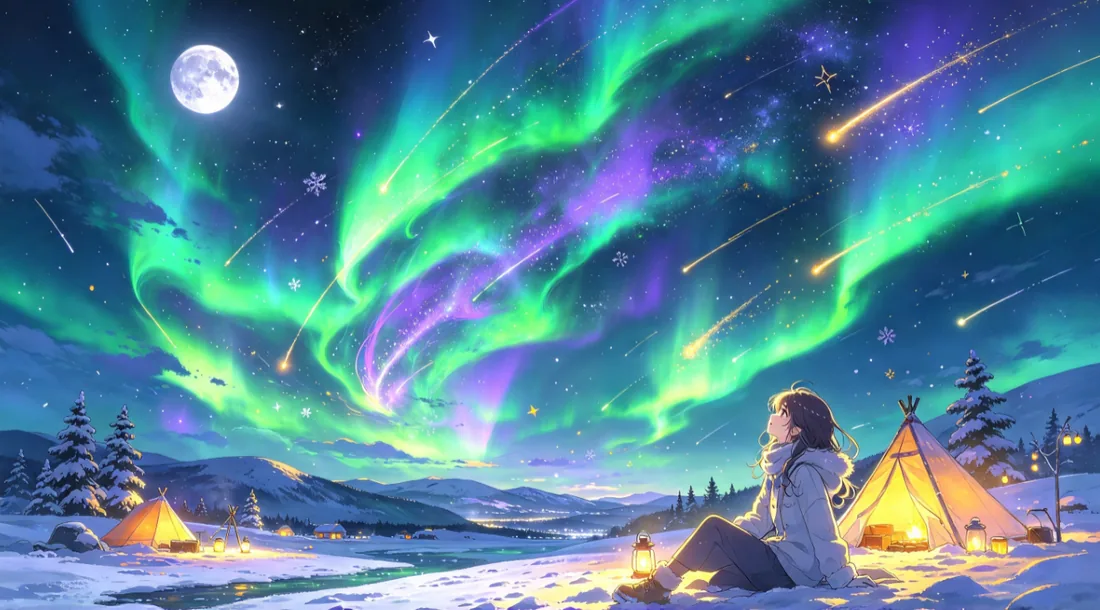 极光下的雪地营地与人物插画